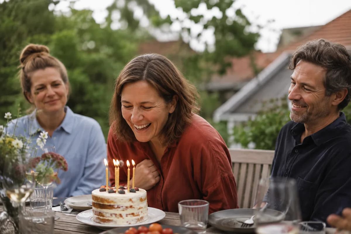 Woman blowing out the candles on her birthday cake at a garden party