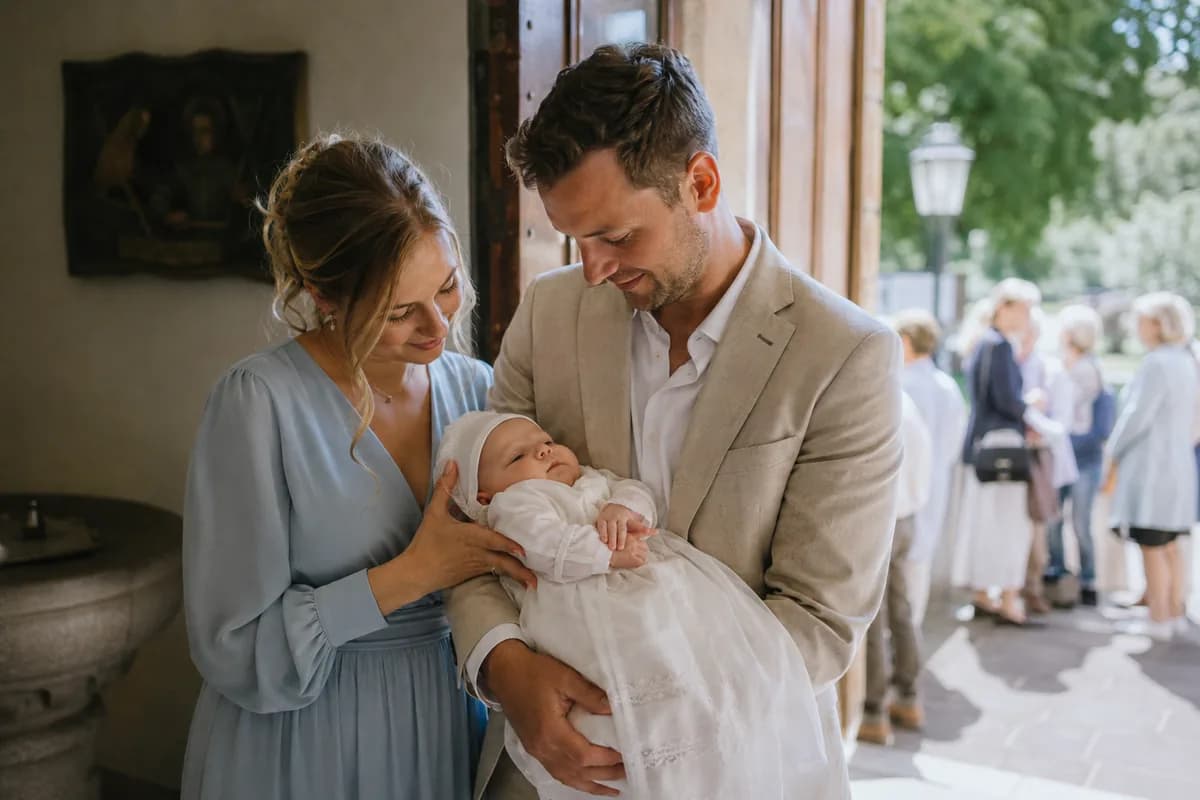 Parents holding their baby in a christening gown at the church door