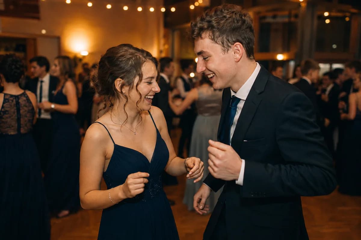 Two students dancing under string lights at the graduation ball
