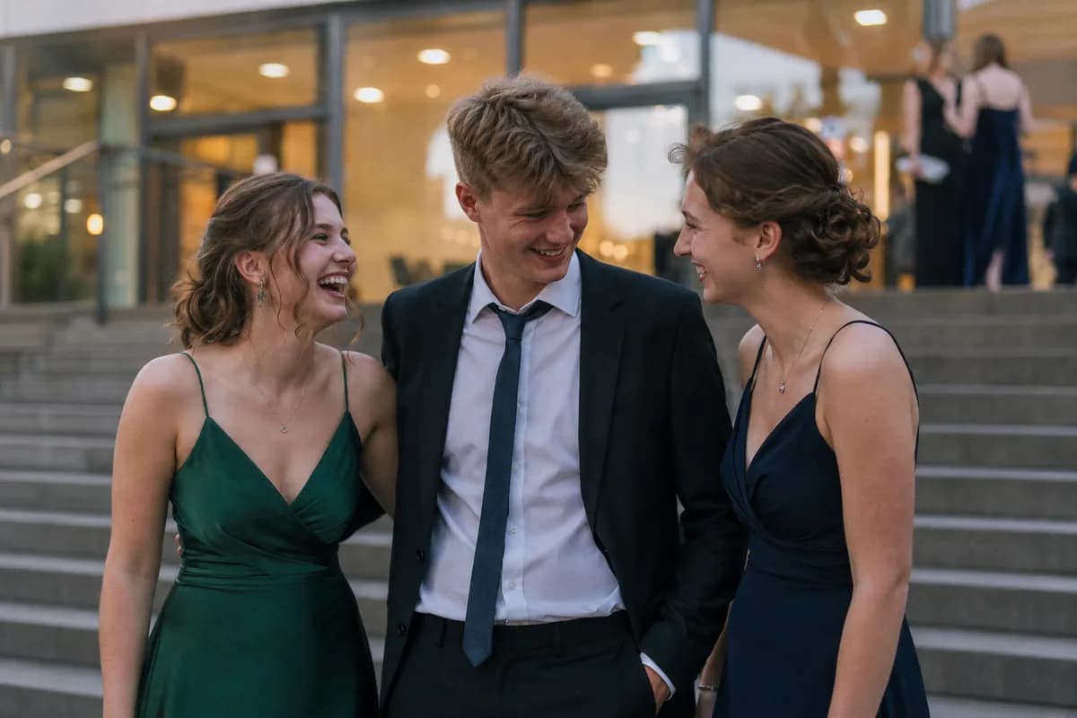 Three friends in evening wear laughing on the steps before the graduation ball