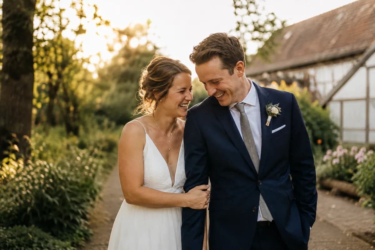 Bride and groom laughing together on a garden path after their wedding